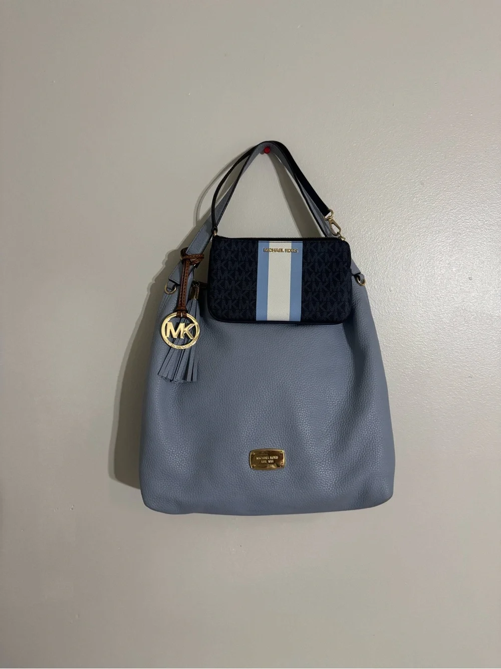 Michael Kors Light Blue Leather Hobo Bag with Tassel and Wristlet